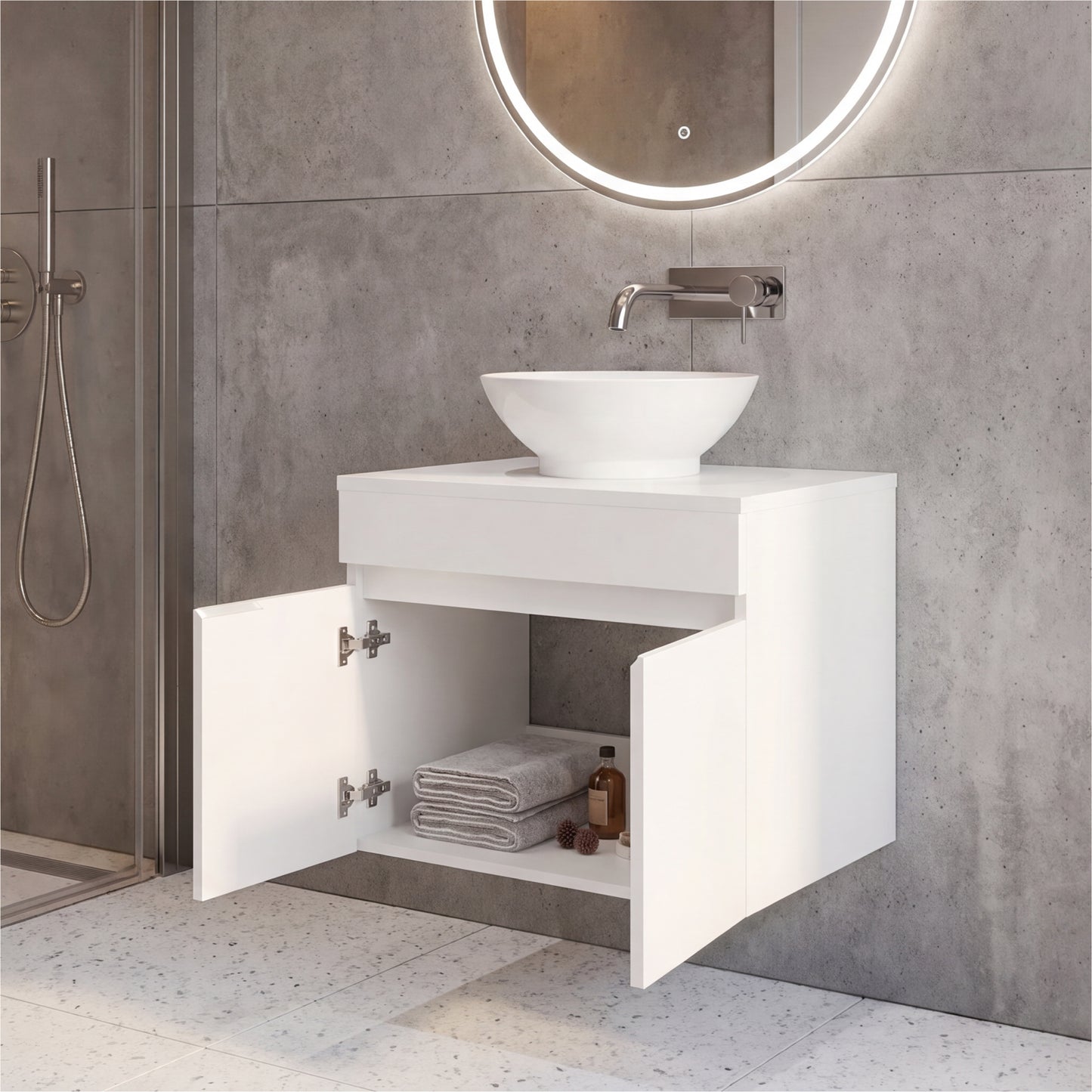 Manchester Free-Standing Bathroom Vanity Console Designed for Vessel Sink Integration Modern Style Featuring Ample Storage with Two Smooth Pull-Out Utility Drawers and One Open Display Shelf