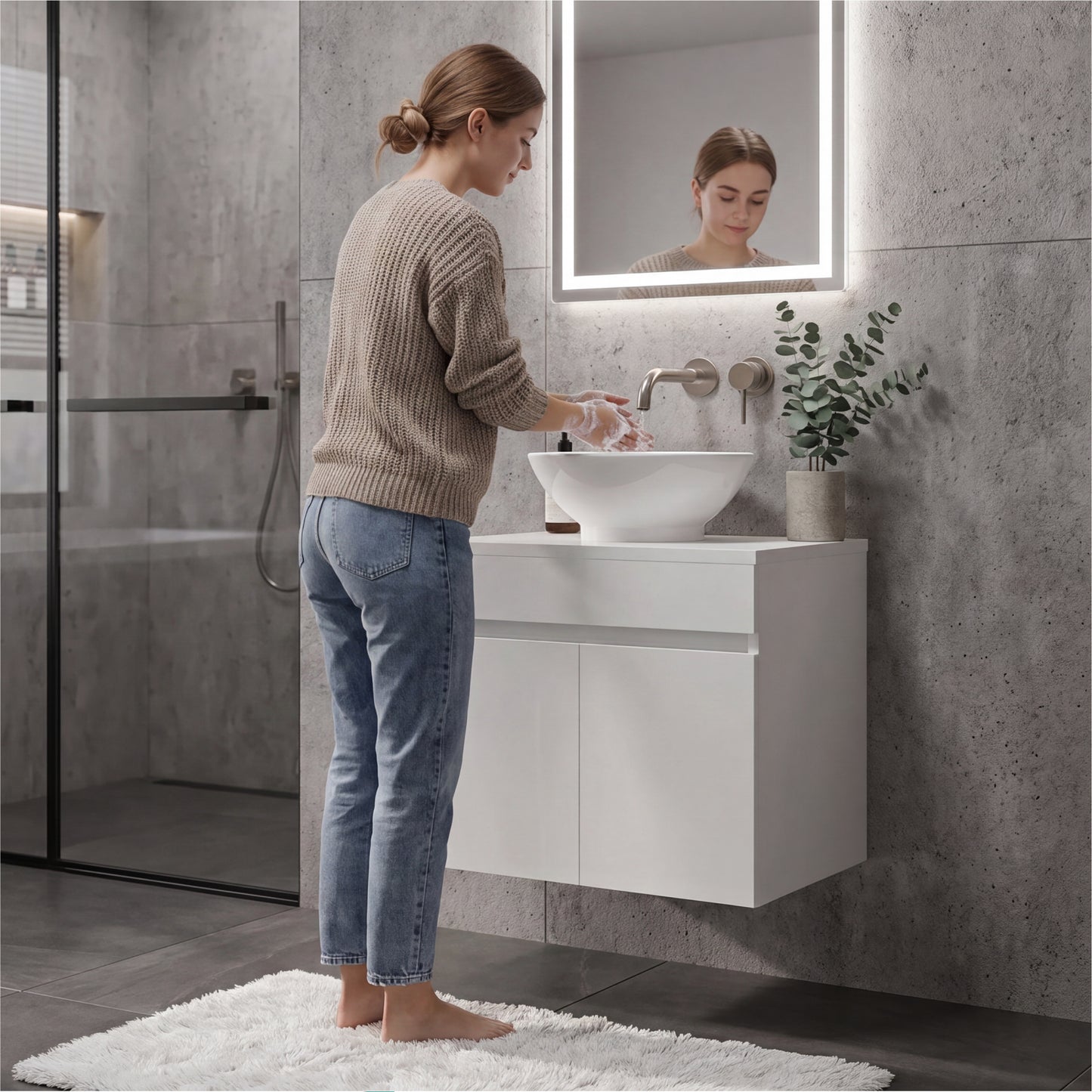 Manchester Free-Standing Bathroom Vanity Console Designed for Vessel Sink Integration Modern Style Featuring Ample Storage with Two Smooth Pull-Out Utility Drawers and One Open Display Shelf
