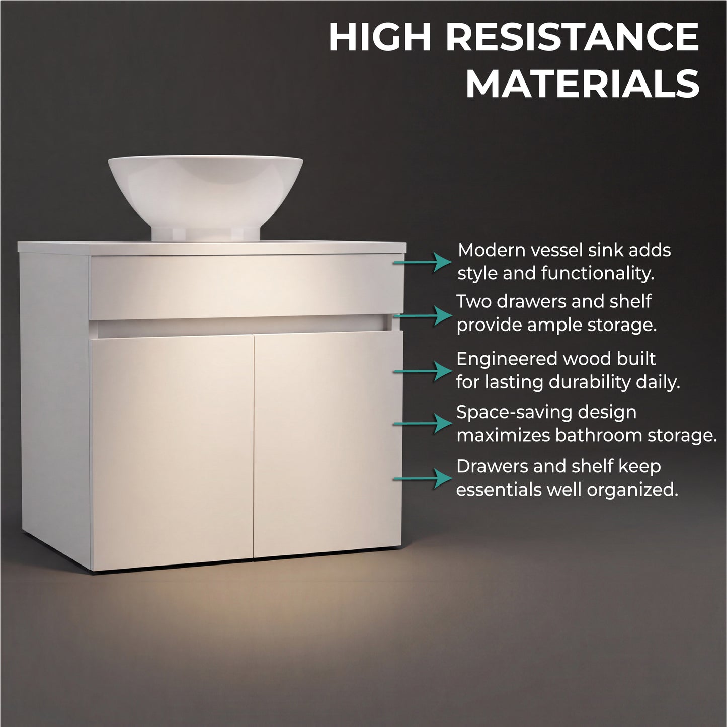Manchester Free-Standing Bathroom Vanity Console Designed for Vessel Sink Integration Modern Style Featuring Ample Storage with Two Smooth Pull-Out Utility Drawers and One Open Display Shelf