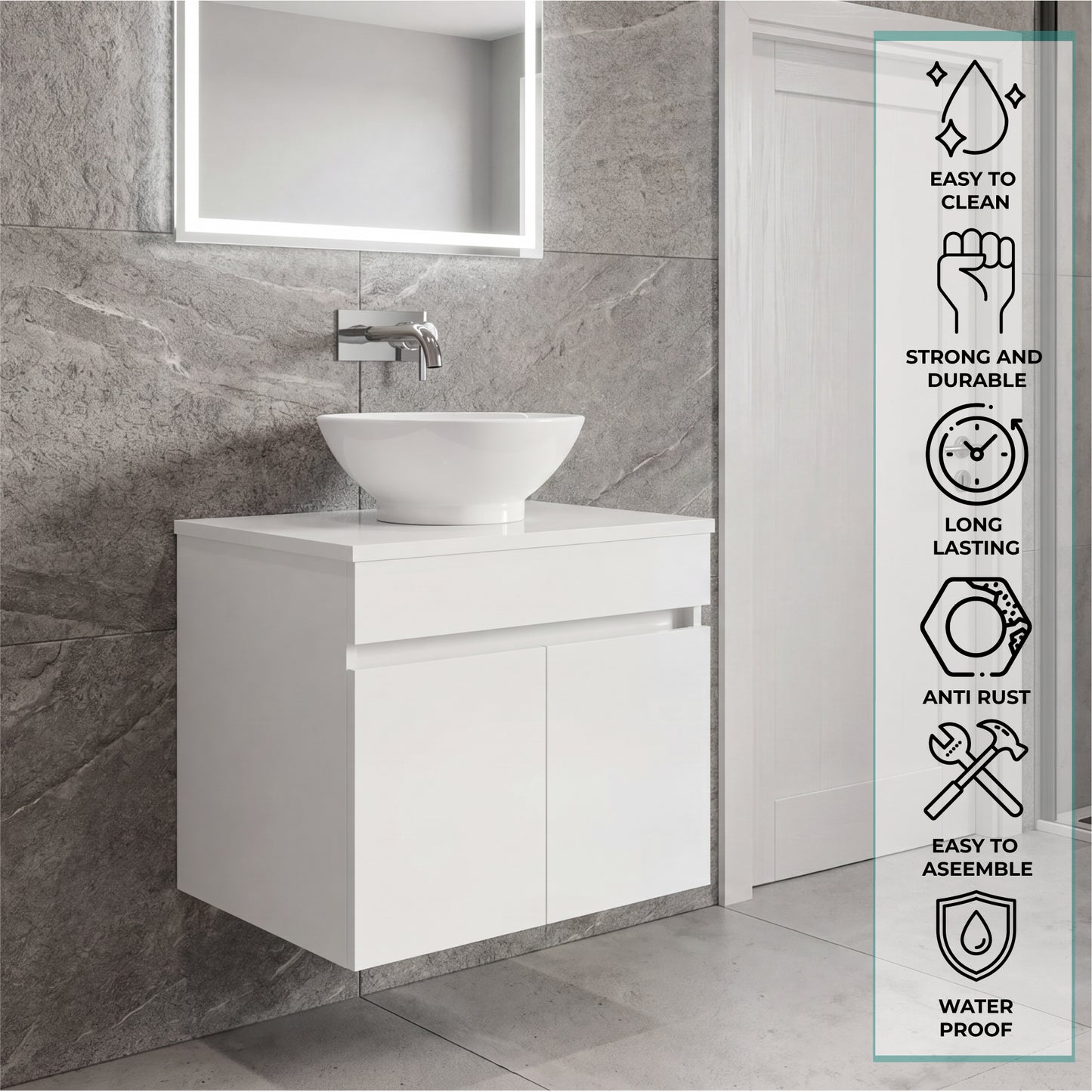 Manchester Free-Standing Bathroom Vanity Console Designed for Vessel Sink Integration Modern Style Featuring Ample Storage with Two Smooth Pull-Out Utility Drawers and One Open Display Shelf