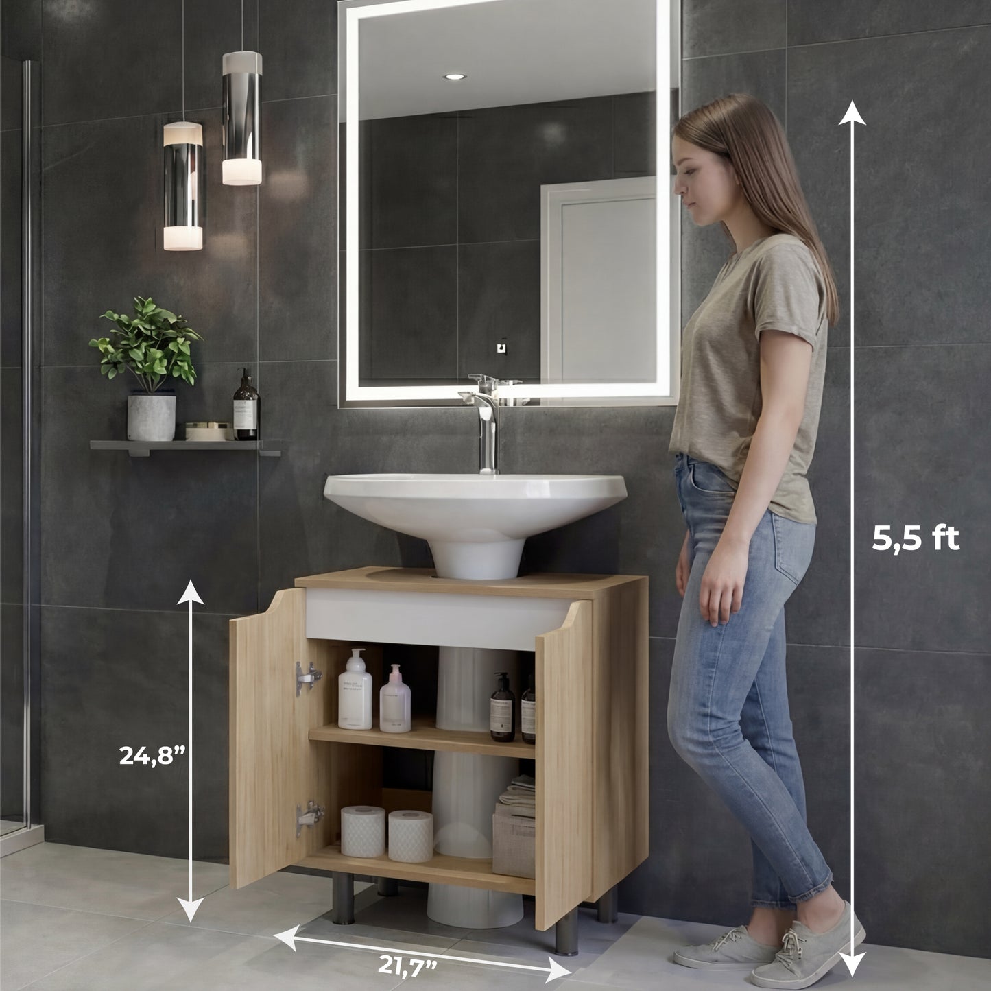 Marlo Under Sink Cabinet with Two Doors and Interior Storage Shelves, Cut-Out Back, 22” Wide Freestanding Modern Bathroom Storage, Compact and Stylish Solution for Small Bathrooms, Powder Rooms, or Guest Spaces