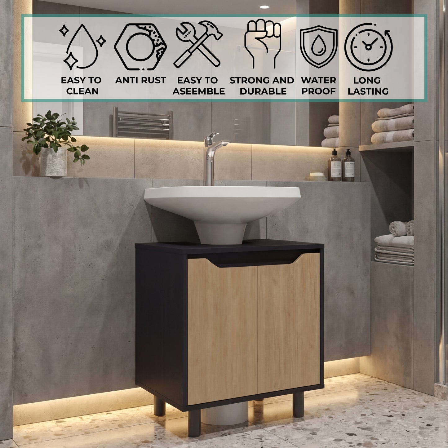 Marlo Under Sink Cabinet with Two Doors and Interior Storage Shelves, Cut-Out Back, 22” Wide Freestanding Modern Bathroom Storage, Compact and Stylish Solution for Small Bathrooms, Powder Rooms, or Guest Spaces