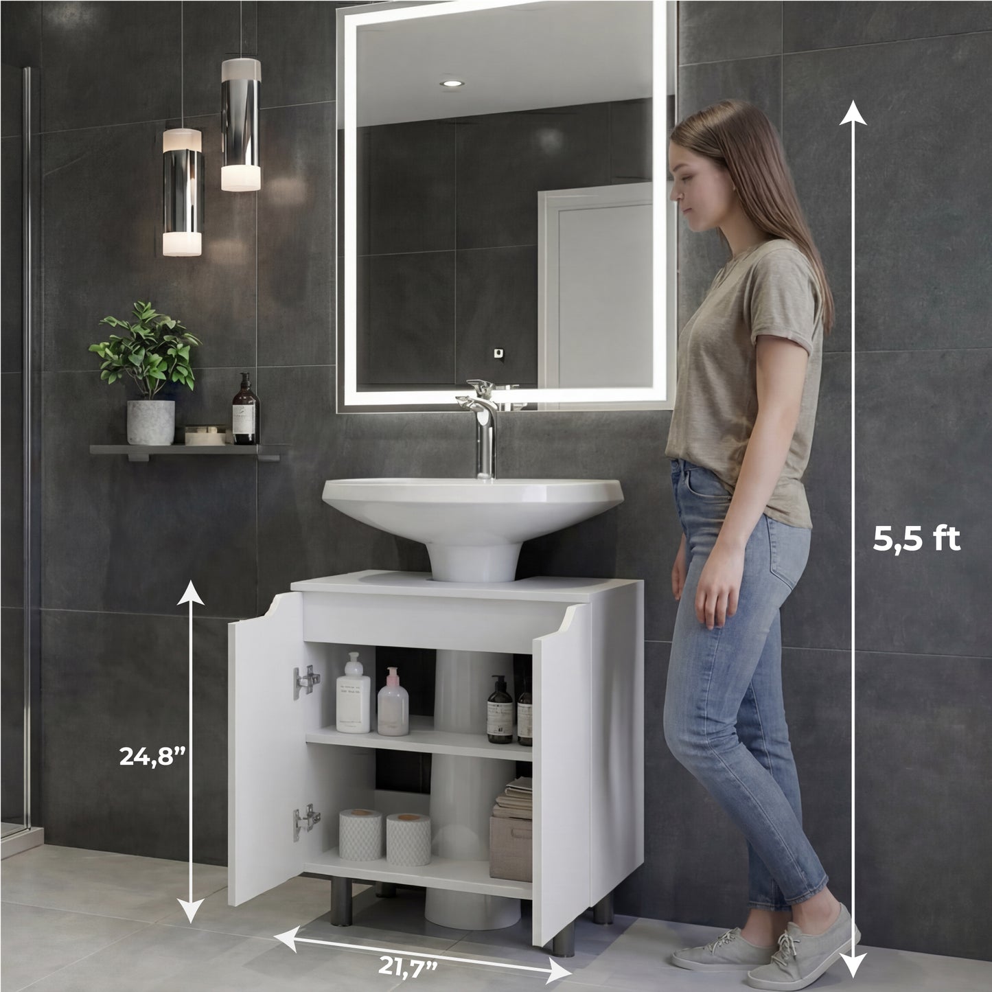 Marlo Under Sink Cabinet with Two Doors and Interior Storage Shelves, Cut-Out Back, 22” Wide Freestanding Modern Bathroom Storage, Compact and Stylish Solution for Small Bathrooms, Powder Rooms, or Guest Spaces