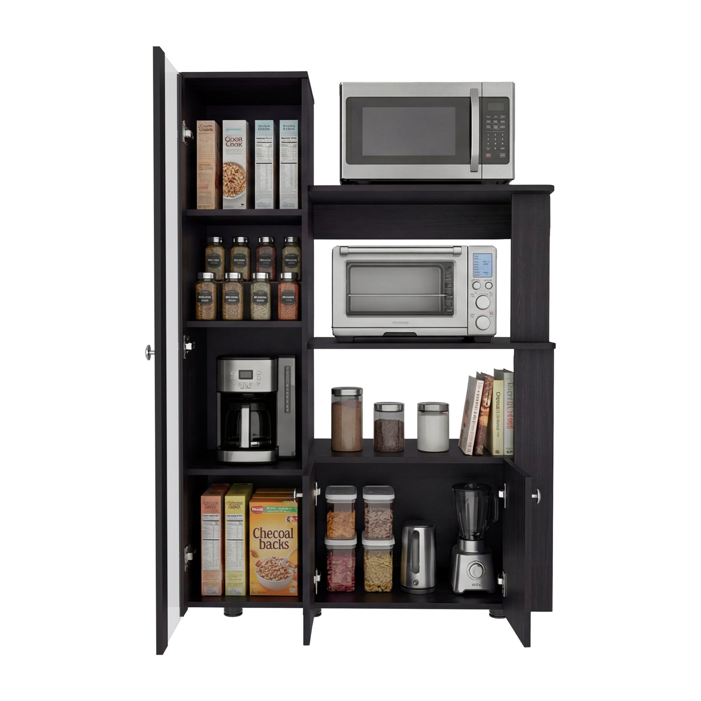 Aldan Multistorage Pantry with Glass Door Cabinet, 3 Open Shelves for Microwave Space and 2 Door Small Cabinet