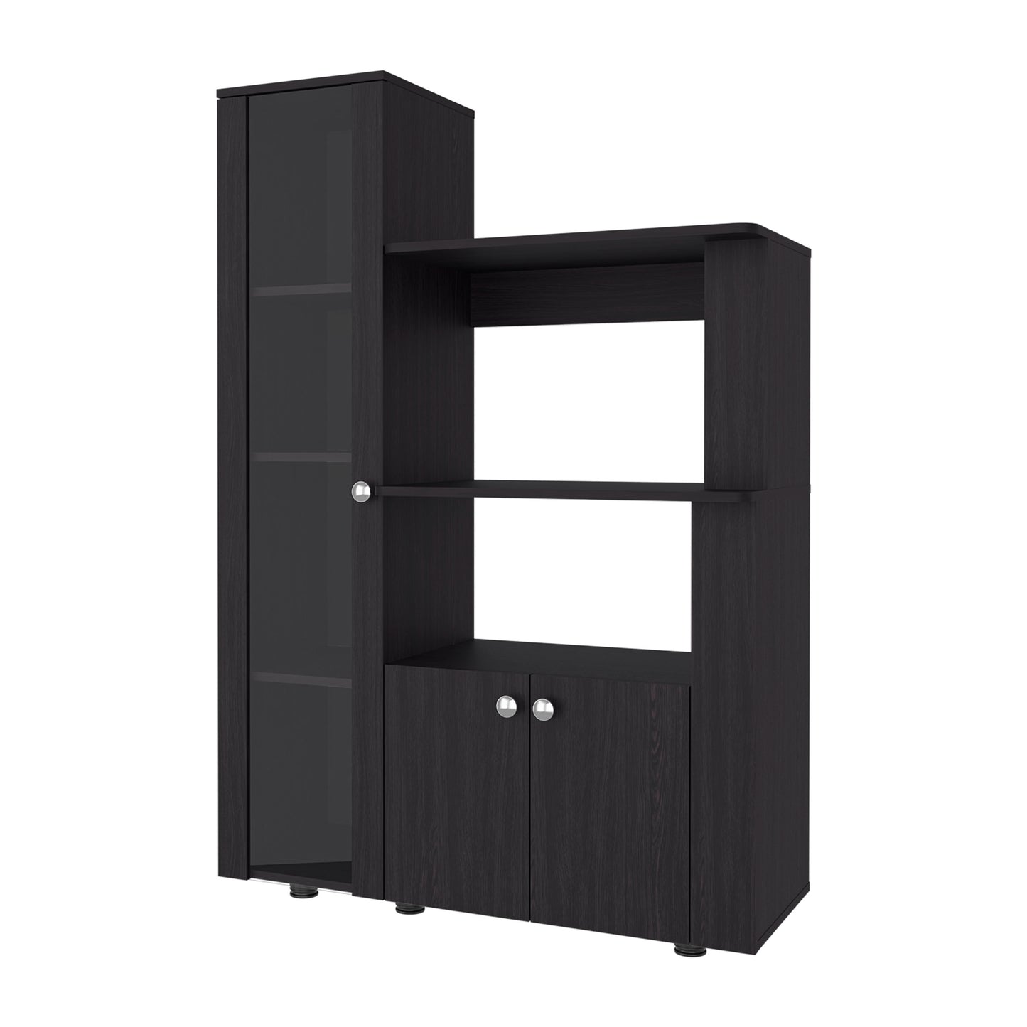 Aldan Multistorage Pantry with Glass Door Cabinet, 3 Open Shelves for Microwave Space and 2 Door Small Cabinet
