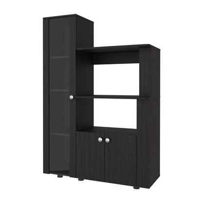 Aldan Multistorage Pantry with Glass Door Cabinet, 3 Open Shelves for Microwave Space and 2 Door Small Cabinet