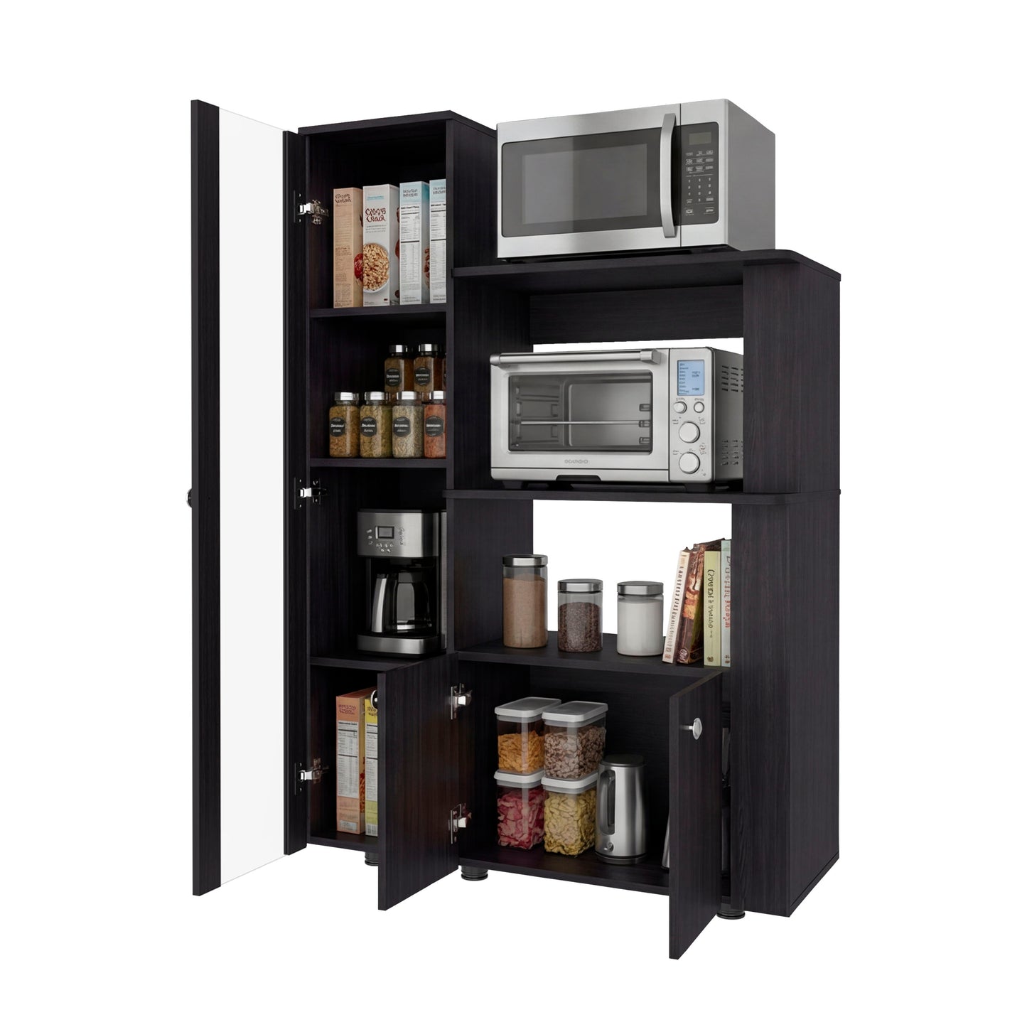 Aldan Multistorage Pantry with Glass Door Cabinet, 3 Open Shelves for Microwave Space and 2 Door Small Cabinet