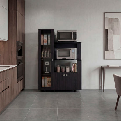 Aldan Multistorage Pantry with Glass Door Cabinet, 3 Open Shelves for Microwave Space and 2 Door Small Cabinet