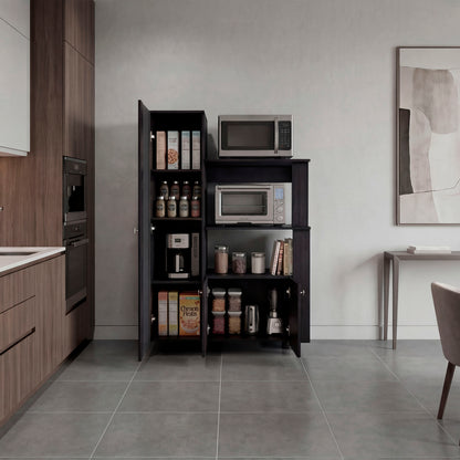 Aldan Multistorage Pantry with Glass Door Cabinet, 3 Open Shelves for Microwave Space and 2 Door Small Cabinet