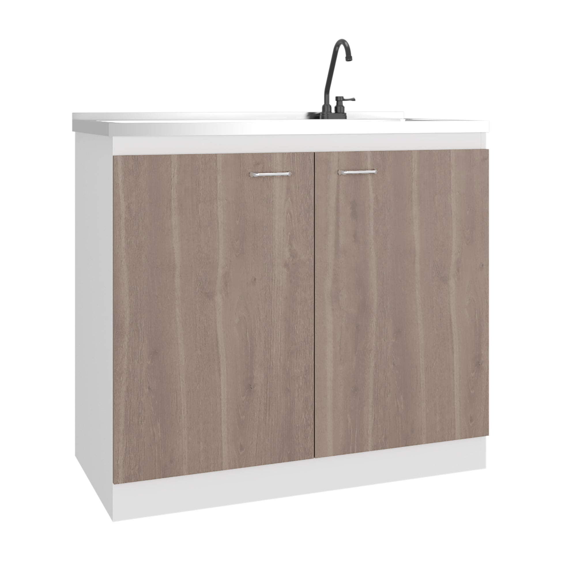 Kitchen cabinet with white countertop and wooden doors on a white background