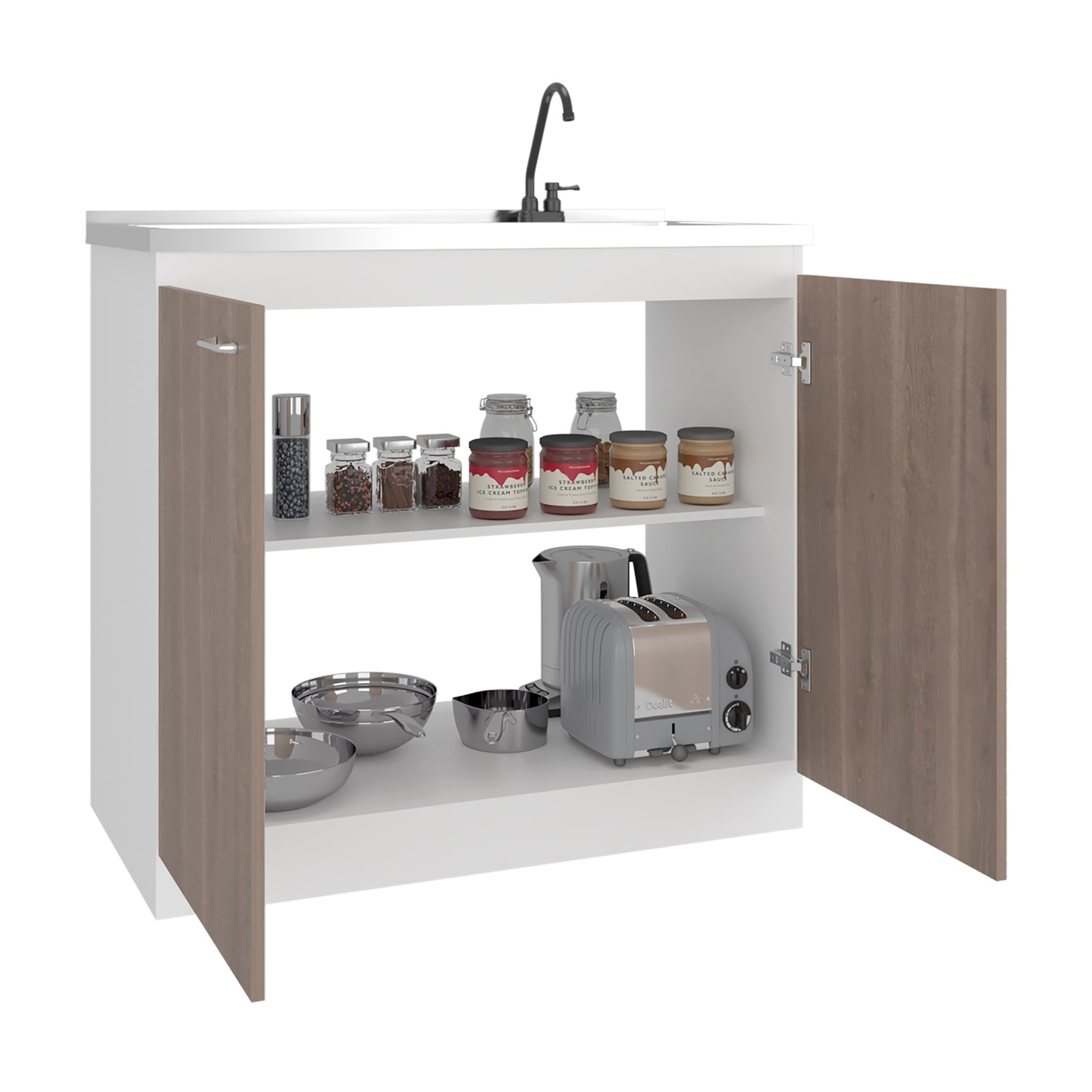 White kitchen cabinet with open doors displaying kitchen appliances and items on a white background