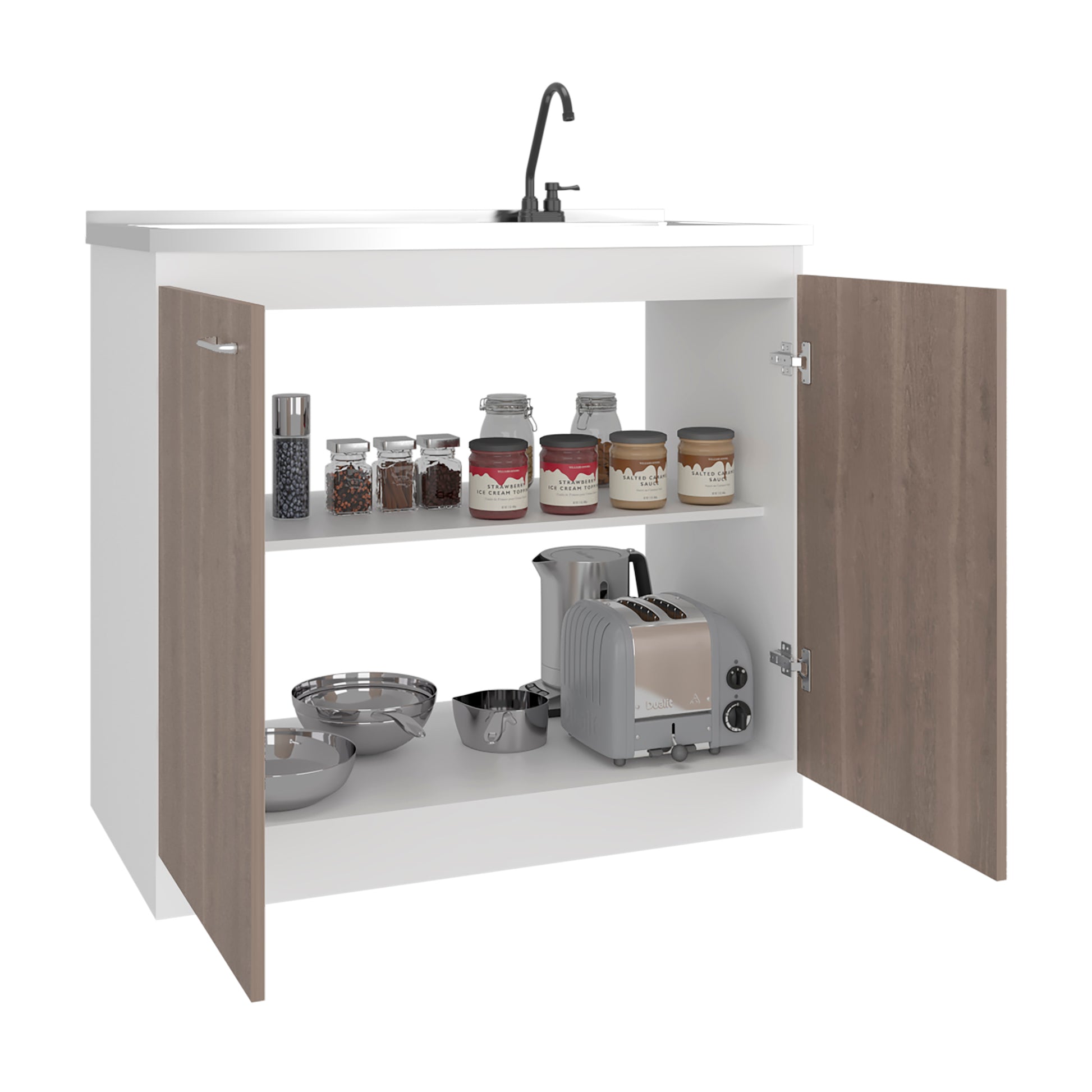 White kitchen cabinet with open doors displaying kitchen appliances and items on a white background