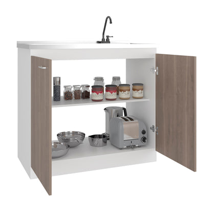 White kitchen cabinet with open doors displaying kitchen appliances and items on a white background