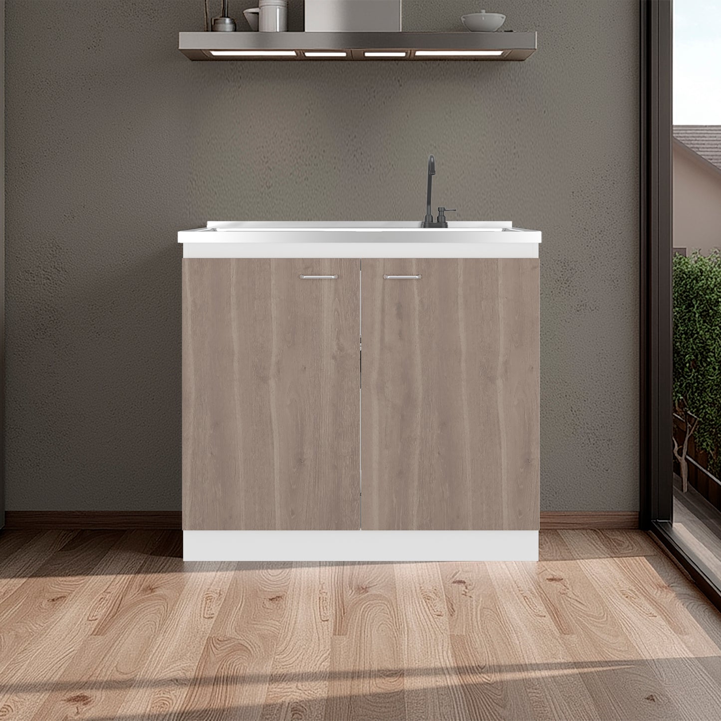 Modern kitchen island with wooden finish and white countertop in a room with wooden floor and gray walls.