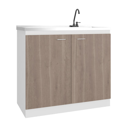 Napoles Utility Sink with Faucet Inclued and Integrated Steel Counter top, Freestanding cabinet with two doors, Metal Handles and Two interior shelves.