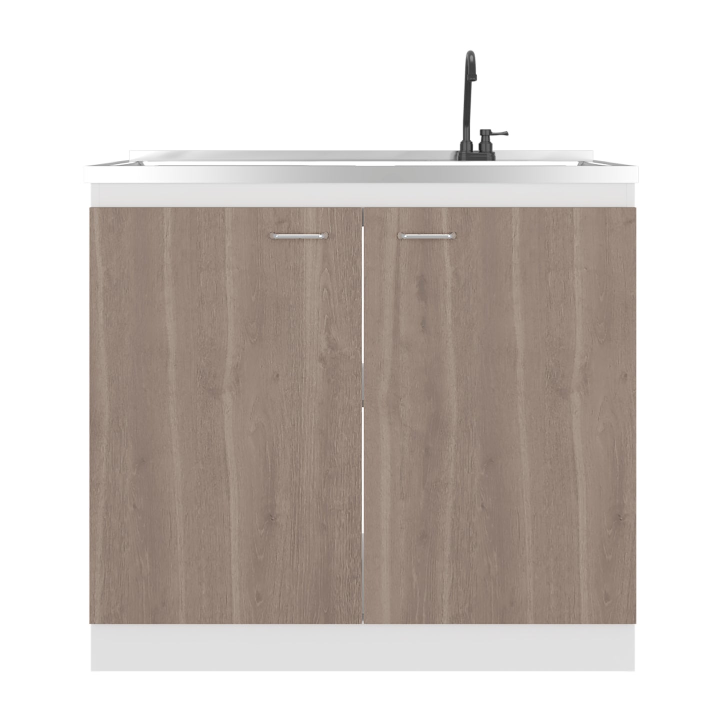 Napoles Utility Sink with Faucet Inclued and Integrated Steel Counter top, Freestanding cabinet with two doors, Metal Handles and Two interior shelves.