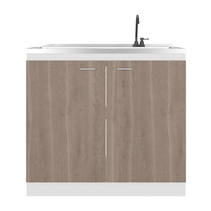 Napoles Utility Sink with Faucet Inclued and Integrated Steel Counter top, Freestanding cabinet with two doors, Metal Handles and Two interior shelves.