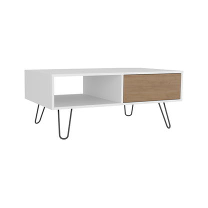 Tori 39" Wide Coffee Table with One Drawer, One Shelf, Rectangular, Living Room White - NAtural Oak