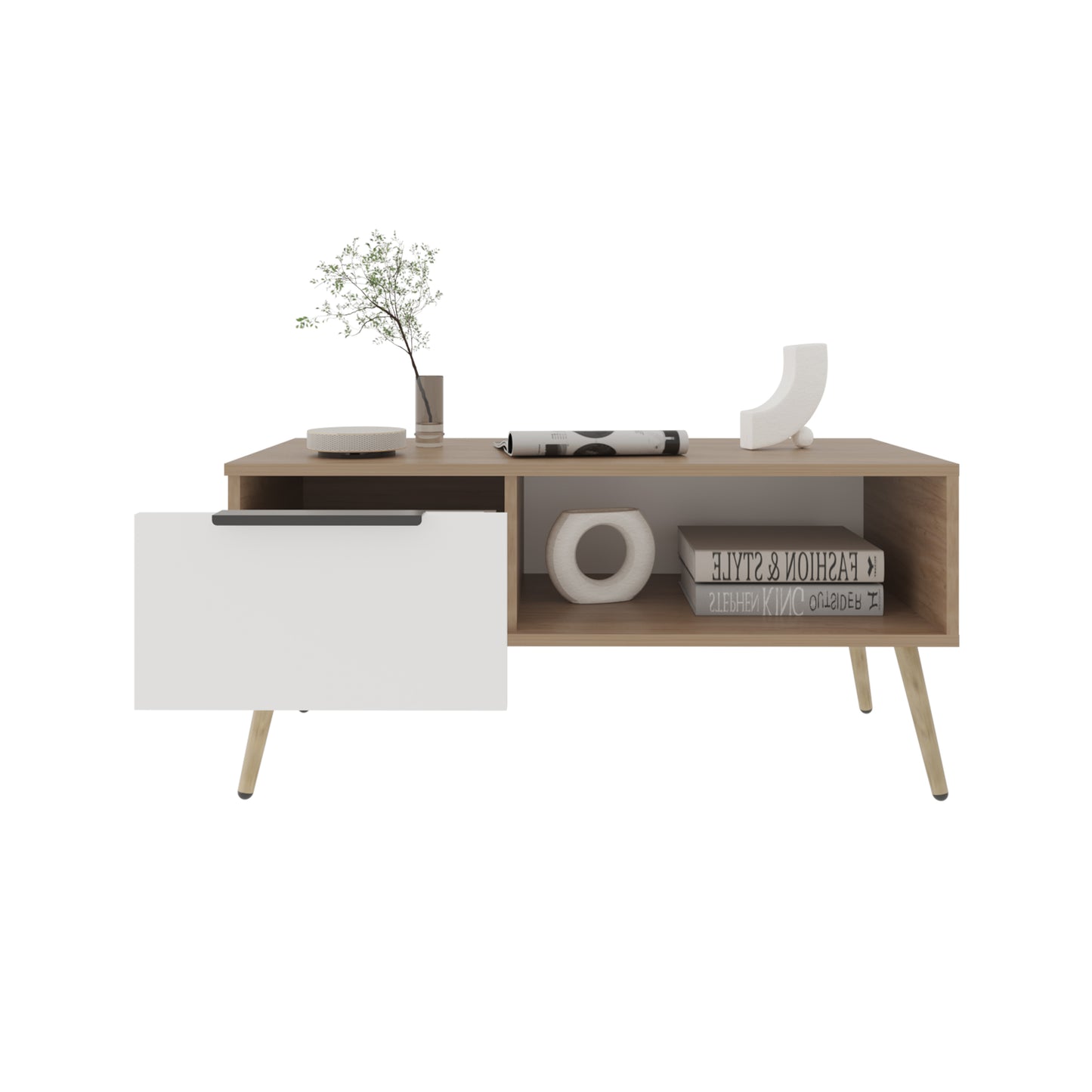 Wenden Modern Coffee Table with Big Drawer and Open Shelf, Rectangular Center Table with Storage for Books & Décor, Sturdy Manufactured Wood Design