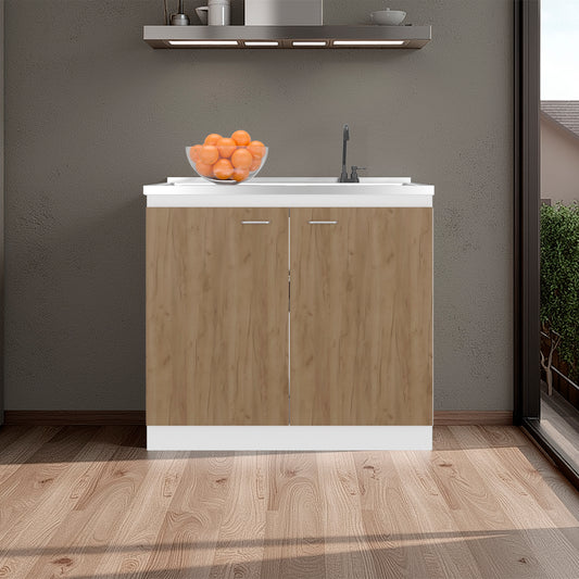 Napoles Utility Sink with Faucet Inclued and Integrated Steel Counter top and Basin, Freestanding cabinet with two doors, Metal Handles and Two interior shelves.