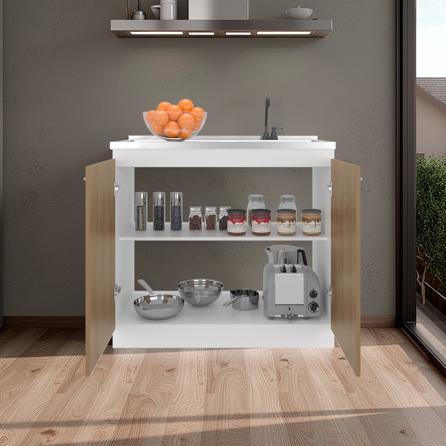 Napoles Utility Sink with Faucet Inclued and Integrated Steel Counter top and Basin, Freestanding cabinet with two doors, Metal Handles and Two interior shelves.