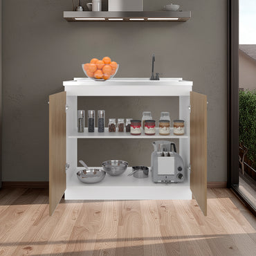 Napoles Utility Sink with Faucet Inclued and Integrated Steel Counter top and Basin, Freestanding cabinet with two doors, Metal Handles and Two interior shelves.