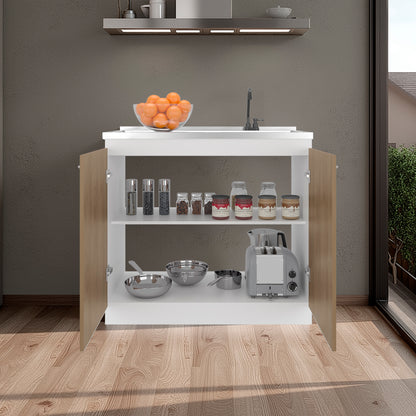 Napoles Utility Sink with Faucet Inclued and Integrated Steel Counter top and Basin, Freestanding cabinet with two doors, Metal Handles and Two interior shelves.