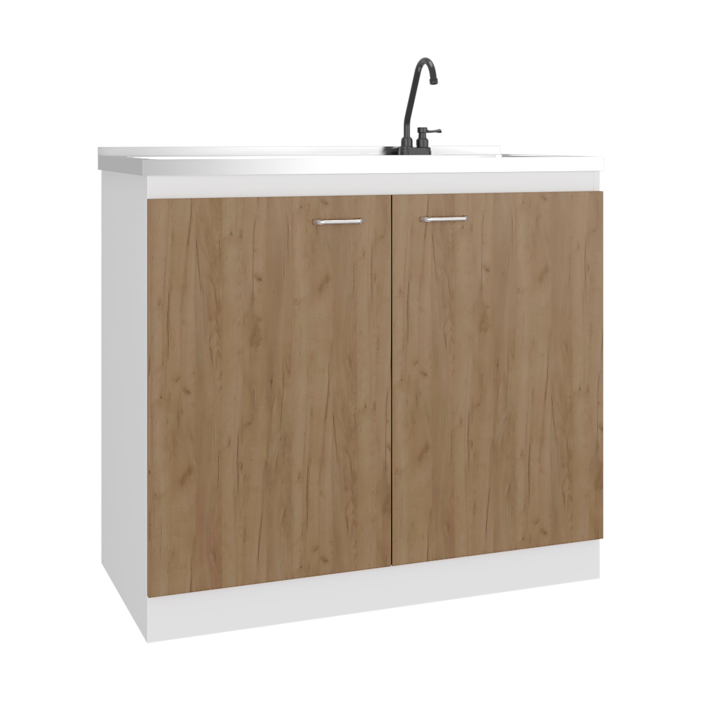 Napoles Utility Sink with Faucet Inclued and Integrated Steel Counter top and Basin, Freestanding cabinet with two doors, Metal Handles and Two interior shelves.