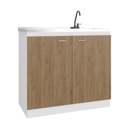 Napoles Utility Sink with Faucet Inclued and Integrated Steel Counter top and Basin, Freestanding cabinet with two doors, Metal Handles and Two interior shelves.