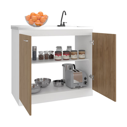 Napoles Utility Sink with Faucet Inclued and Integrated Steel Counter top and Basin, Freestanding cabinet with two doors, Metal Handles and Two interior shelves.