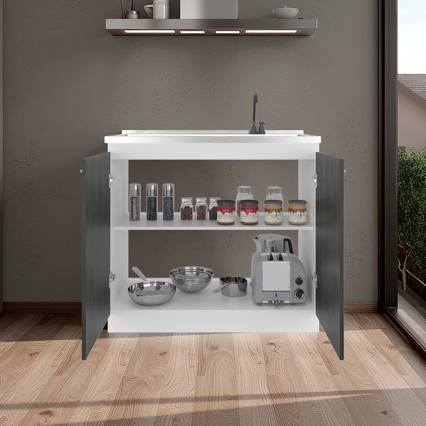 Napoles Utility Sink with Faucet Inclued and Integrated Steel Counter top and Basin, Freestanding cabinet with two doors, Metal Handles and Two interior shelves.