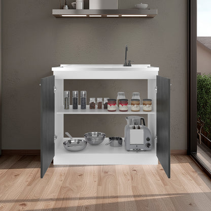 Napoles Utility Sink with Faucet Inclued and Integrated Steel Counter top and Basin, Freestanding cabinet with two doors, Metal Handles and Two interior shelves.