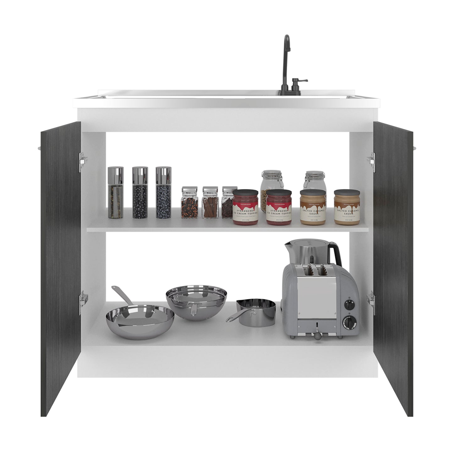 Napoles Utility Sink with Faucet Inclued and Integrated Steel Counter top and Basin, Freestanding cabinet with two doors, Metal Handles and Two interior shelves.