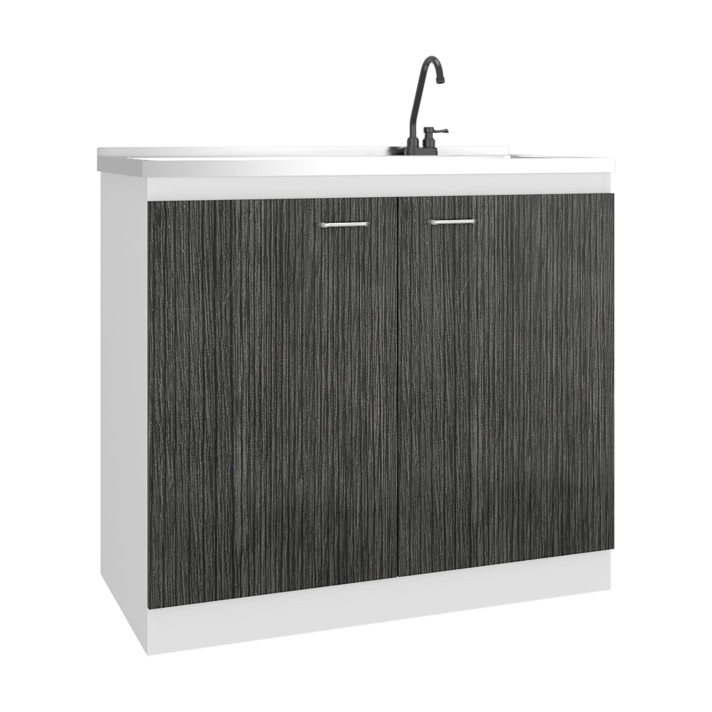 Napoles Utility Sink with Faucet Inclued and Integrated Steel Counter top and Basin, Freestanding cabinet with two doors, Metal Handles and Two interior shelves.