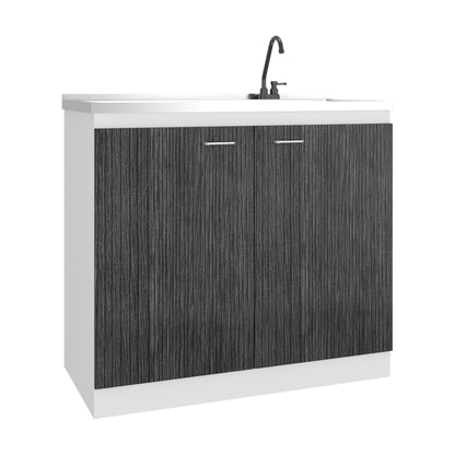 Napoles Utility Sink with Faucet Inclued and Integrated Steel Counter top and Basin, Freestanding cabinet with two doors, Metal Handles and Two interior shelves.