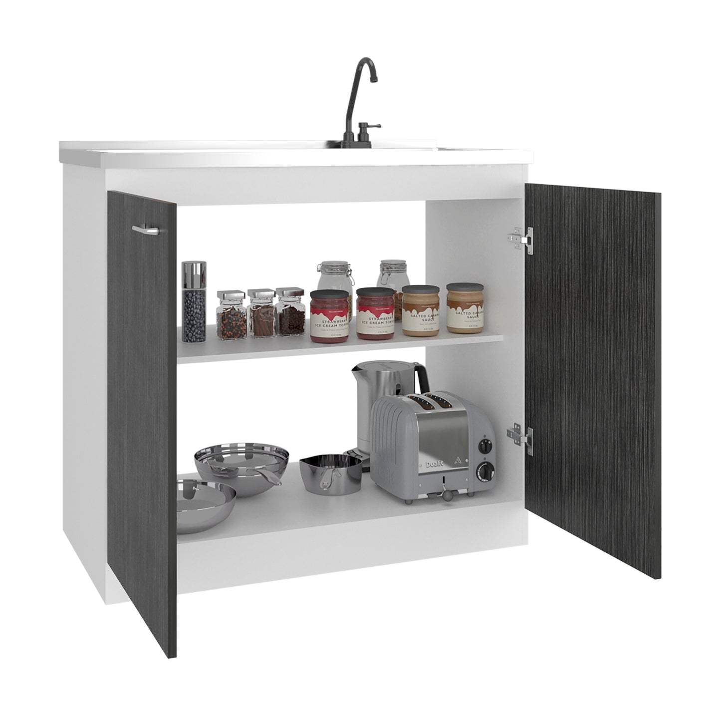 Napoles Utility Sink with Faucet Inclued and Integrated Steel Counter top and Basin, Freestanding cabinet with two doors, Metal Handles and Two interior shelves.