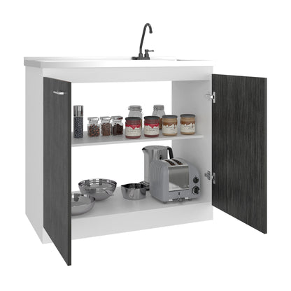 Napoles Utility Sink with Faucet Inclued and Integrated Steel Counter top and Basin, Freestanding cabinet with two doors, Metal Handles and Two interior shelves.