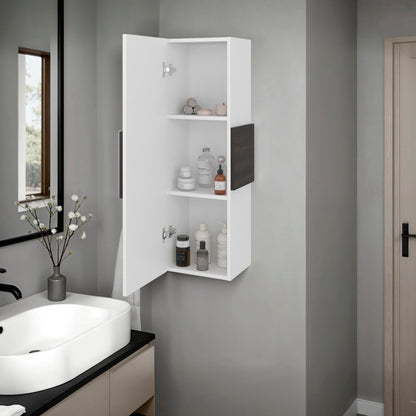 Bathroom with a white wall-mounted cabinet filled with toiletries against a gray wall.