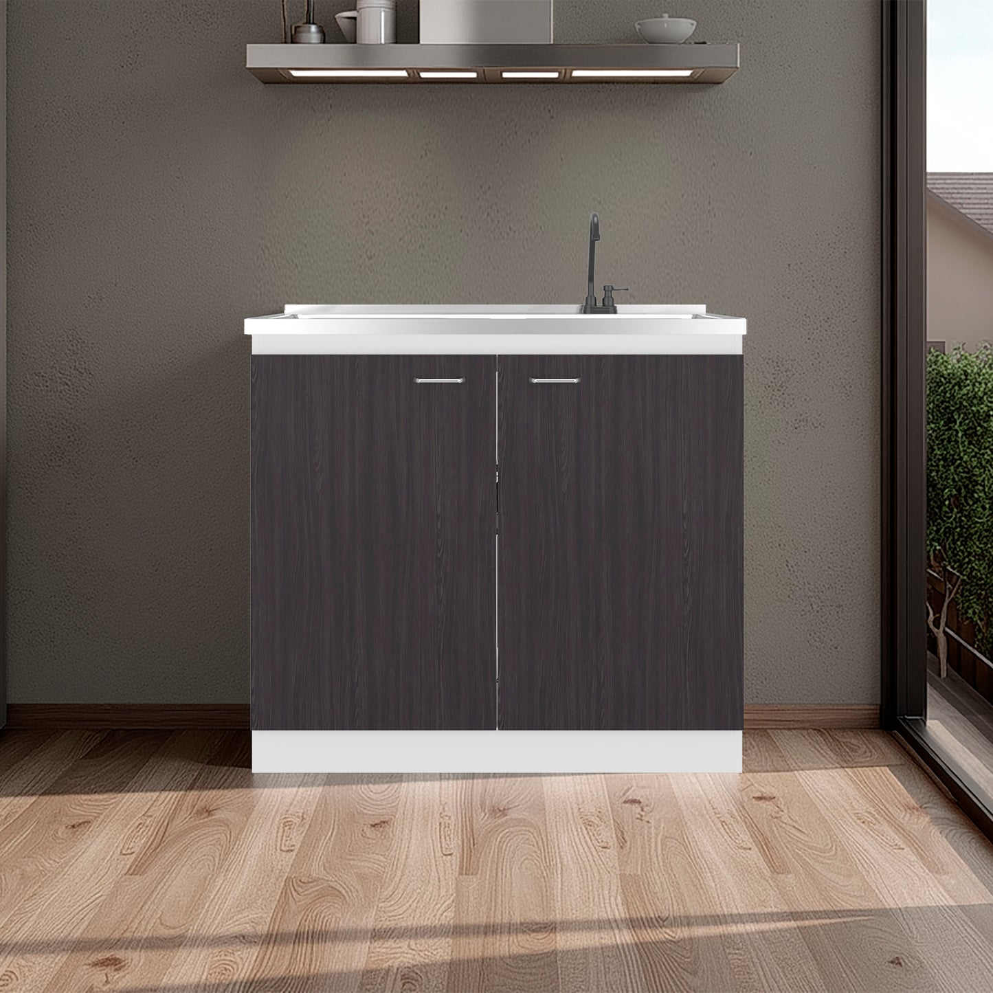 Napoles Utility Sink with Faucet Inclued and Integrated Steel Counter top and Basin, Freestanding cabinet with two doors, Metal Handles and Two interior shelves.