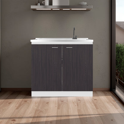 Napoles Utility Sink with Faucet Inclued and Integrated Steel Counter top and Basin, Freestanding cabinet with two doors, Metal Handles and Two interior shelves.
