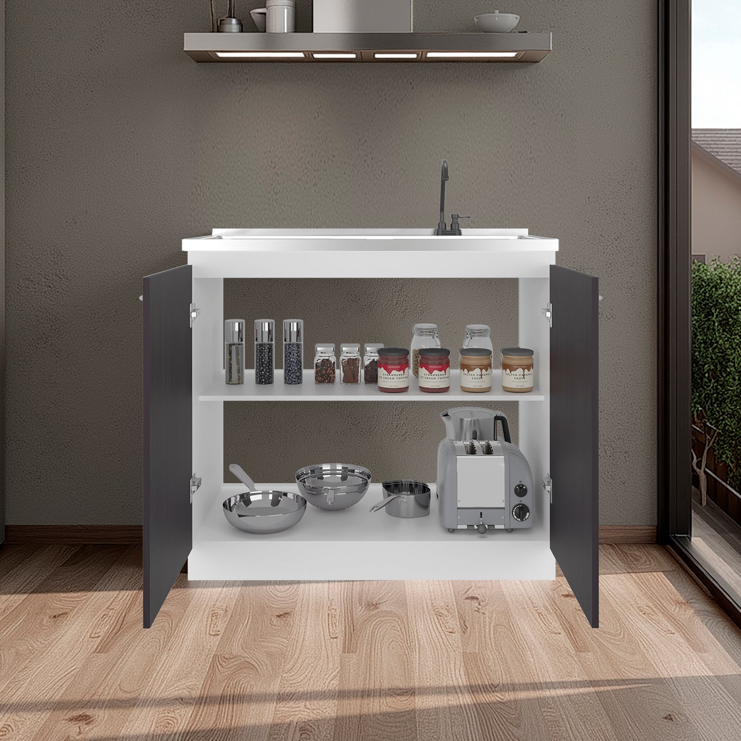 Napoles Utility Sink with Faucet Inclued and Integrated Steel Counter top and Basin, Freestanding cabinet with two doors, Metal Handles and Two interior shelves.