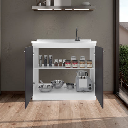 Napoles Utility Sink with Faucet Inclued and Integrated Steel Counter top and Basin, Freestanding cabinet with two doors, Metal Handles and Two interior shelves.