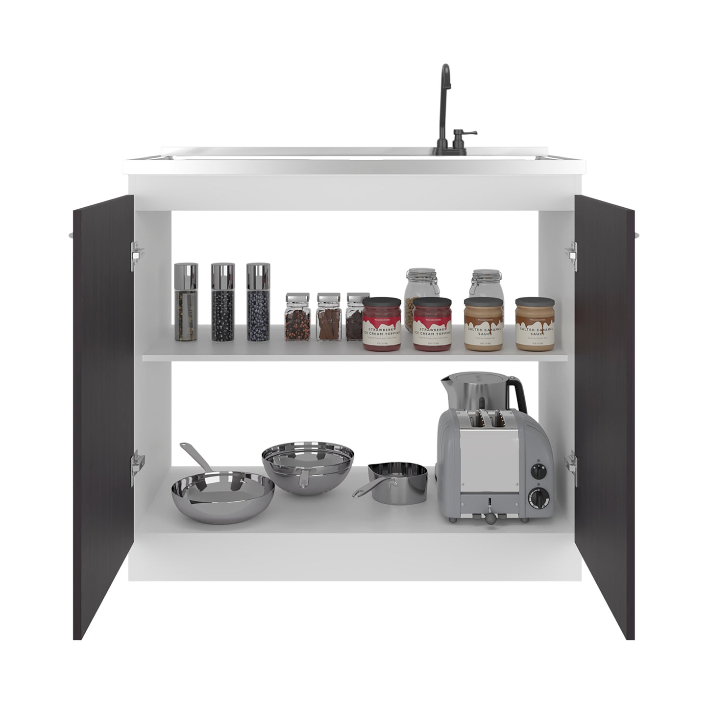 Napoles Utility Sink with Faucet Inclued and Integrated Steel Counter top and Basin, Freestanding cabinet with two doors, Metal Handles and Two interior shelves.