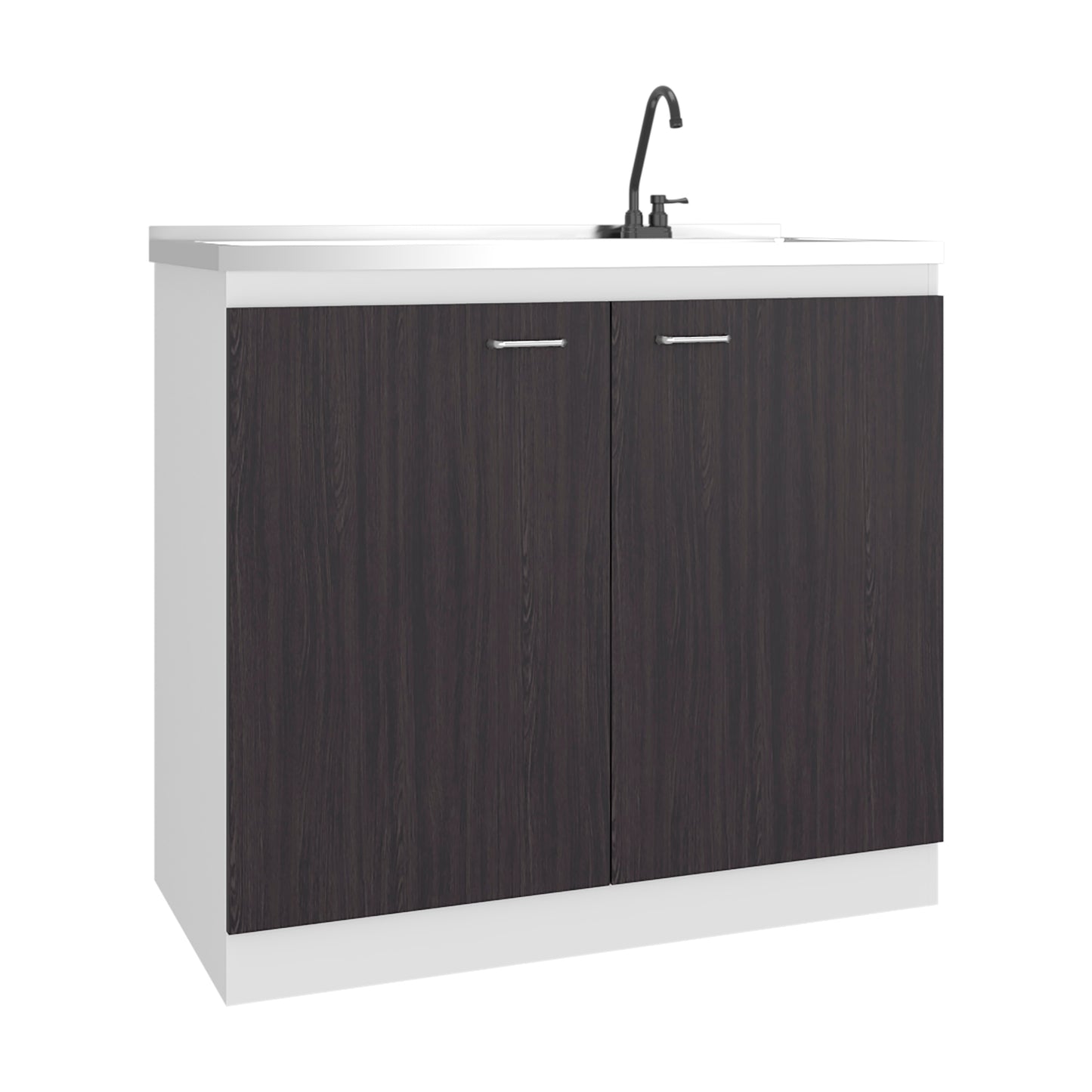 Napoles Utility Sink with Faucet Inclued and Integrated Steel Counter top and Basin, Freestanding cabinet with two doors, Metal Handles and Two interior shelves.