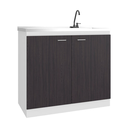 Napoles Utility Sink with Faucet Inclued and Integrated Steel Counter top and Basin, Freestanding cabinet with two doors, Metal Handles and Two interior shelves.