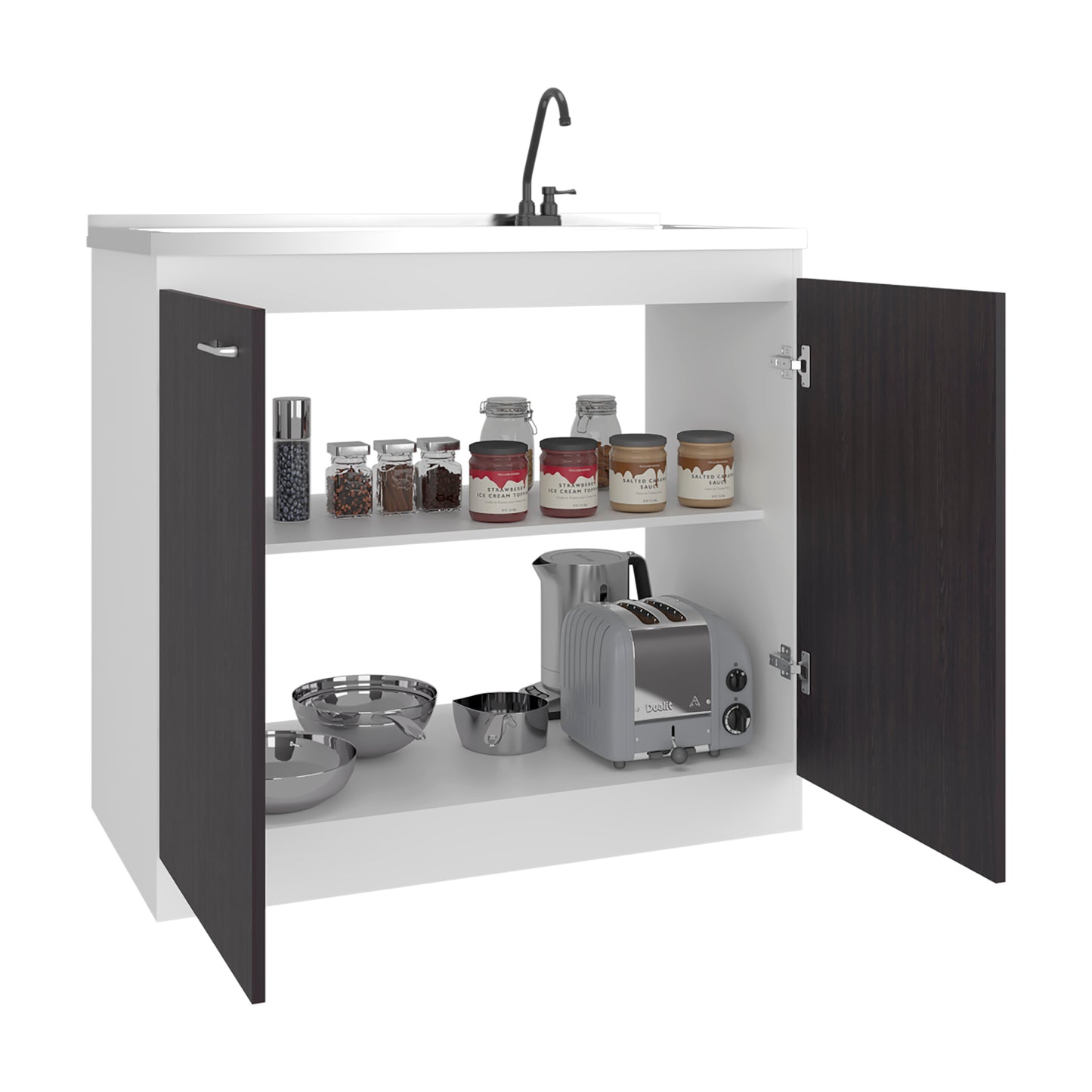 Napoles Utility Sink with Faucet Inclued and Integrated Steel Counter top and Basin, Freestanding cabinet with two doors, Metal Handles and Two interior shelves.