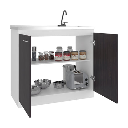 Napoles Utility Sink with Faucet Inclued and Integrated Steel Counter top and Basin, Freestanding cabinet with two doors, Metal Handles and Two interior shelves.