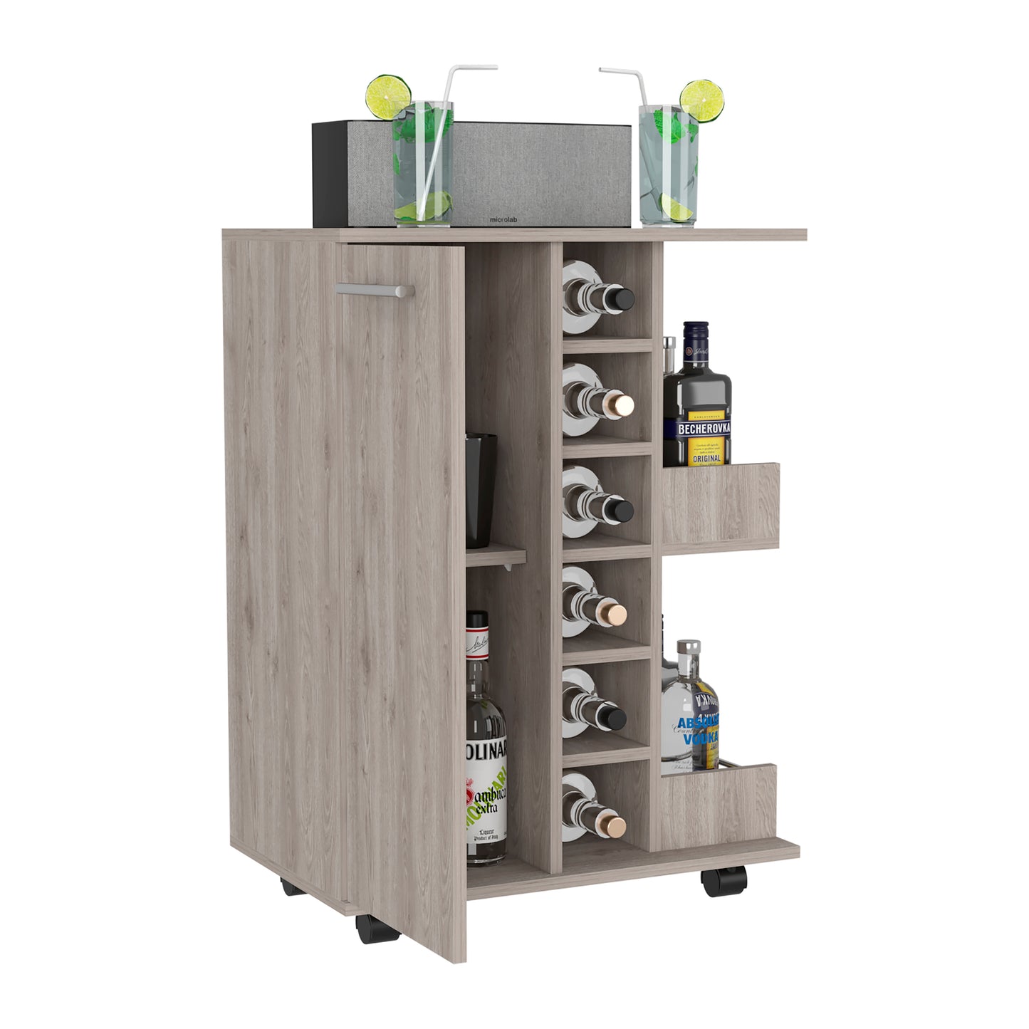 Tuhome Bar Cart with Two External Shelves, Four Casters, Six Built-In Wine Rack, Single Door Cabinet, Modern Design for Home Bar or Living Room