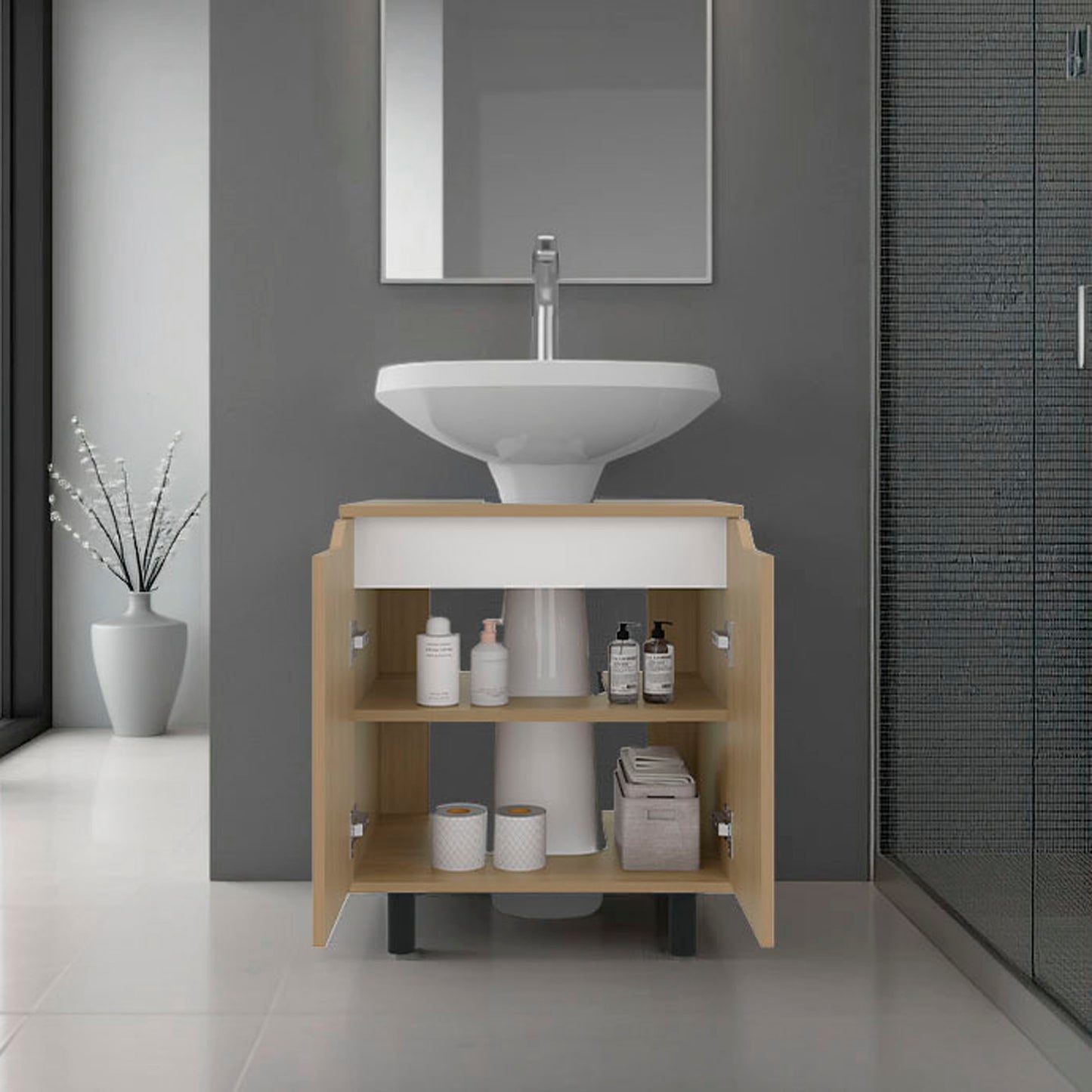 Marlo Under Sink Cabinet with Two Doors and Interior Storage Shelves, Cut-Out Back, 22” Wide Freestanding, Modern Bathroom Storage