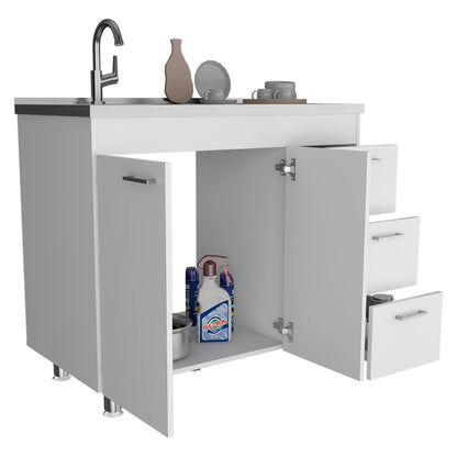 Ferretti Utility Sink Base Cabinet with Stainless Steel Countertop, Three Storage Drawers, Double-Door Cabinet and Integrated Faucet Opening for Modern Kitchen Organization, Prep Convenience and Functional Home Utility